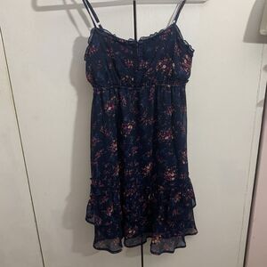 Confess Floral Babydol Dark Blue and Pink  Sleeveless Mini Ruffled Dress